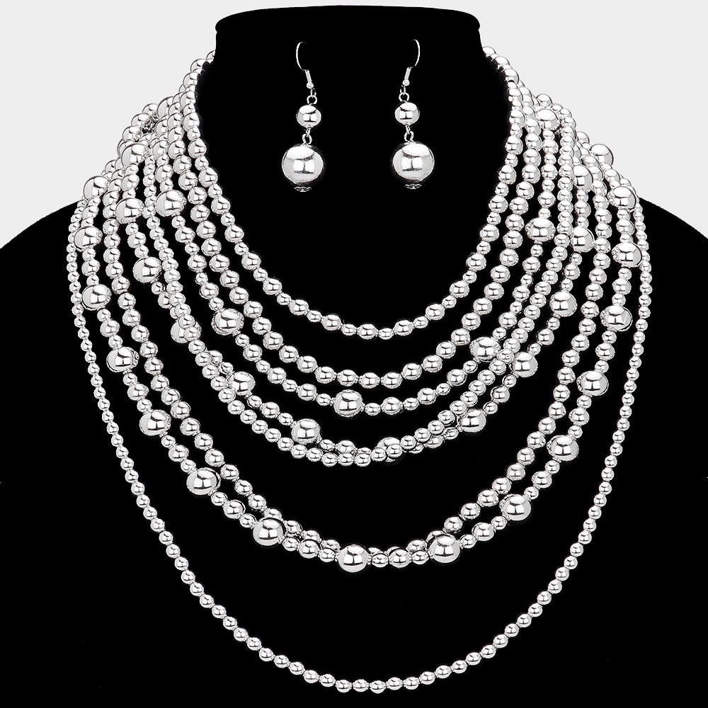 Private Label Silver Multi-Layer Necklace and Earring Set